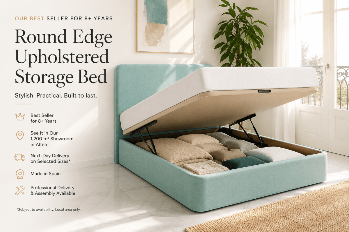 round edge storage bed in a modern bedroom