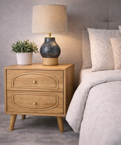 Modern Oak Bedside Table with Curved Drawer Design
