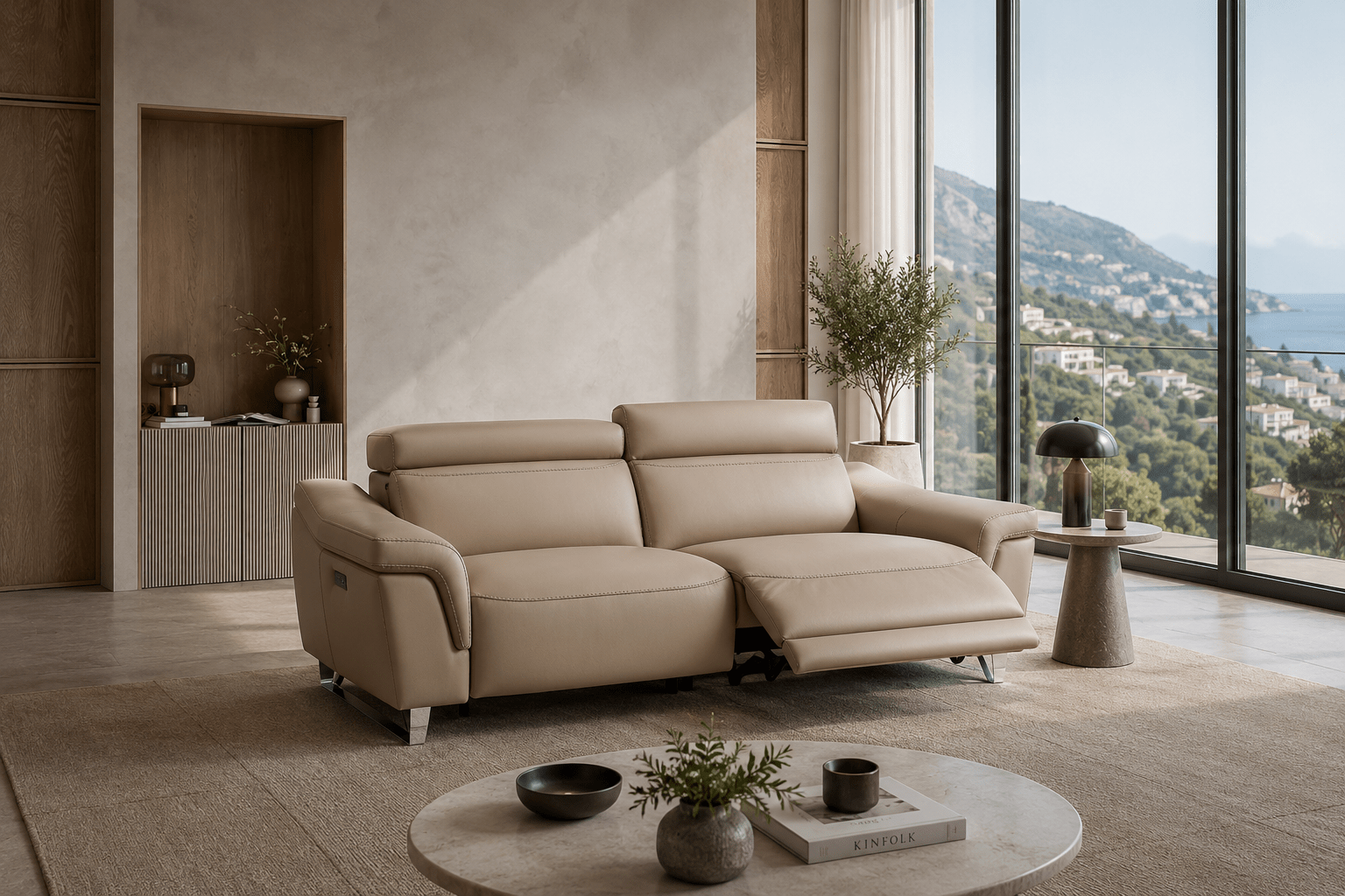 italian sofa in a living room with sea views