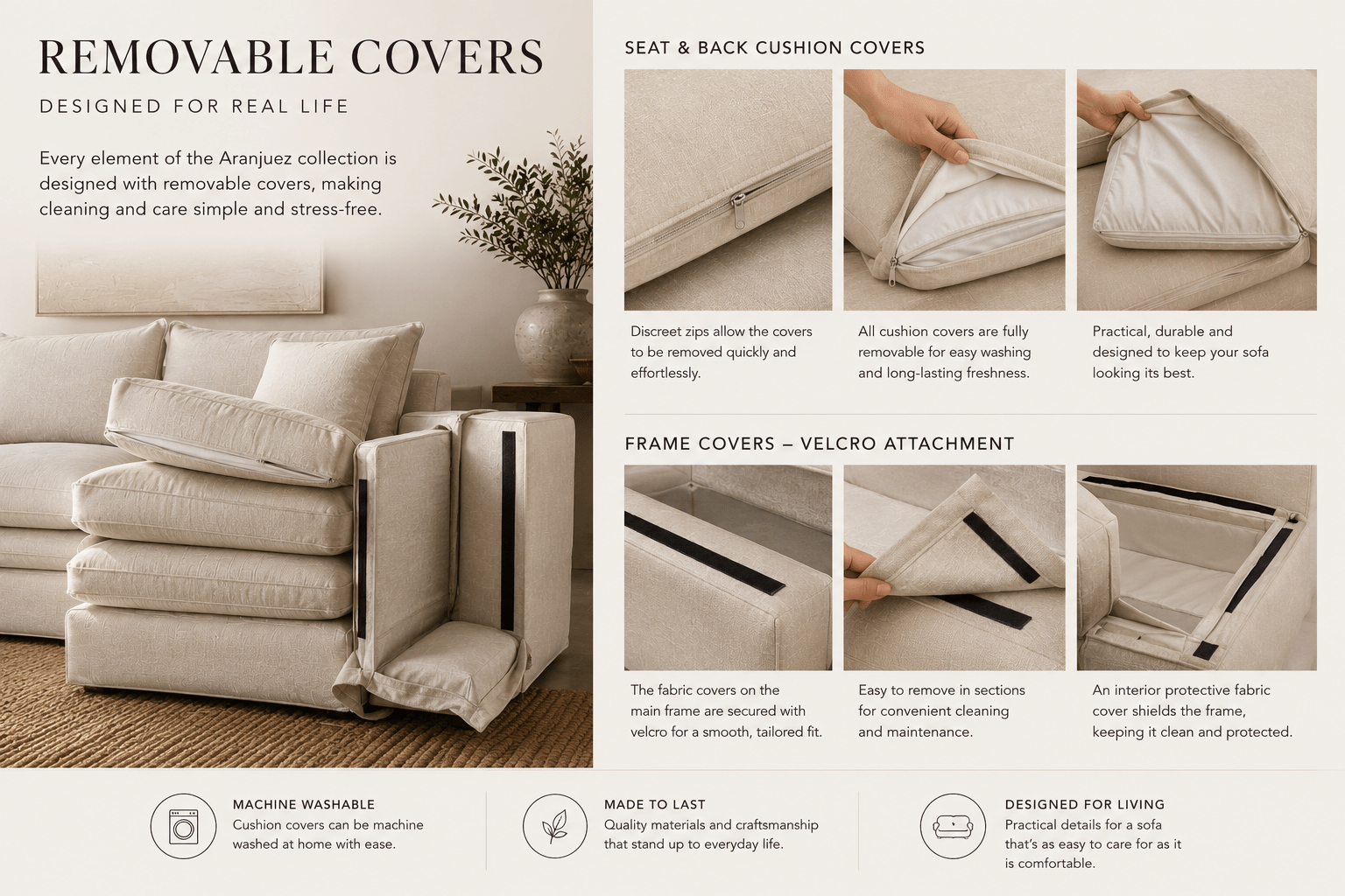 the removable covers on a practical sofa