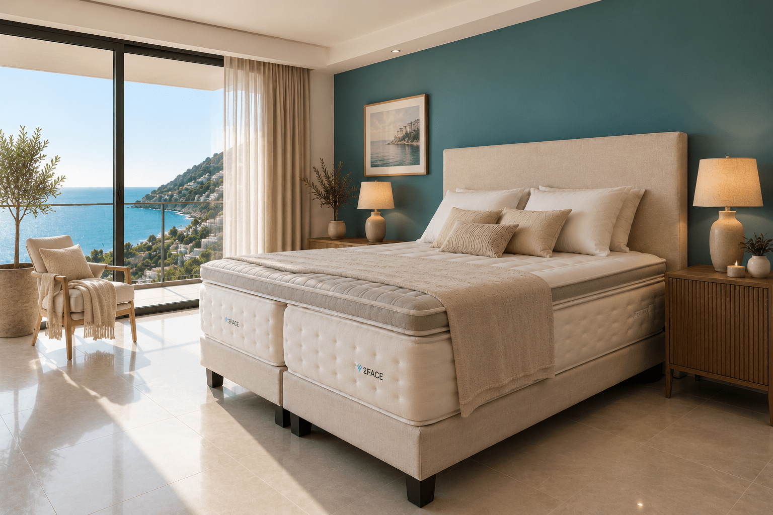 hotel luxury bed with costal view