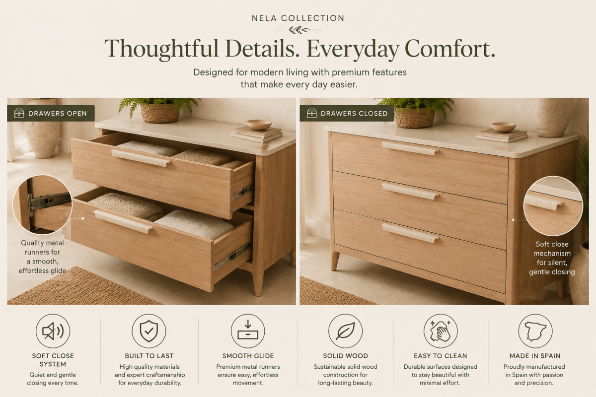 open drawers on the furniture with feature details