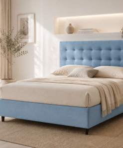 blue bed frame for a Mediterranean home