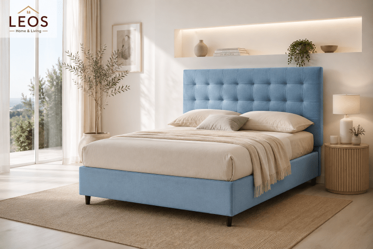 blue bed frame for a Mediterranean home