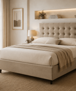 a minimalist bed frame in fawn