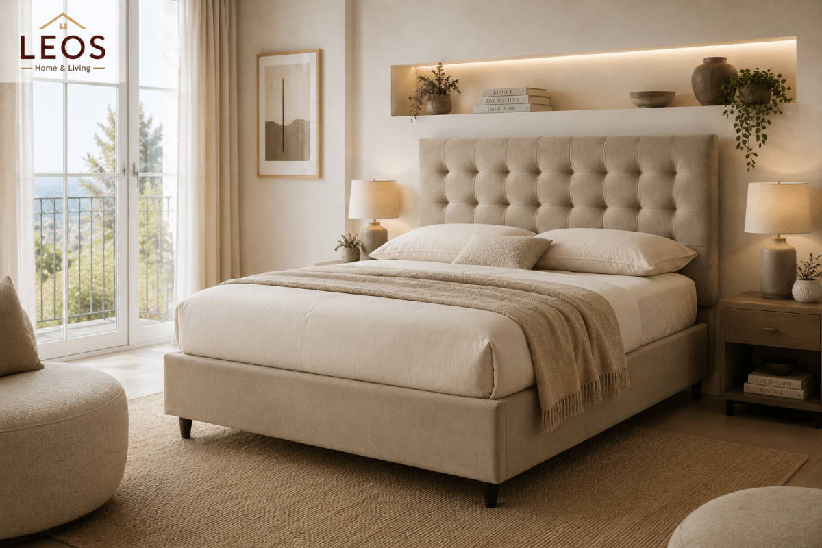 a minimalist bed frame in fawn