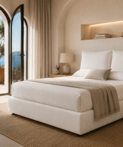 terra bed in white , Mediterranean setting