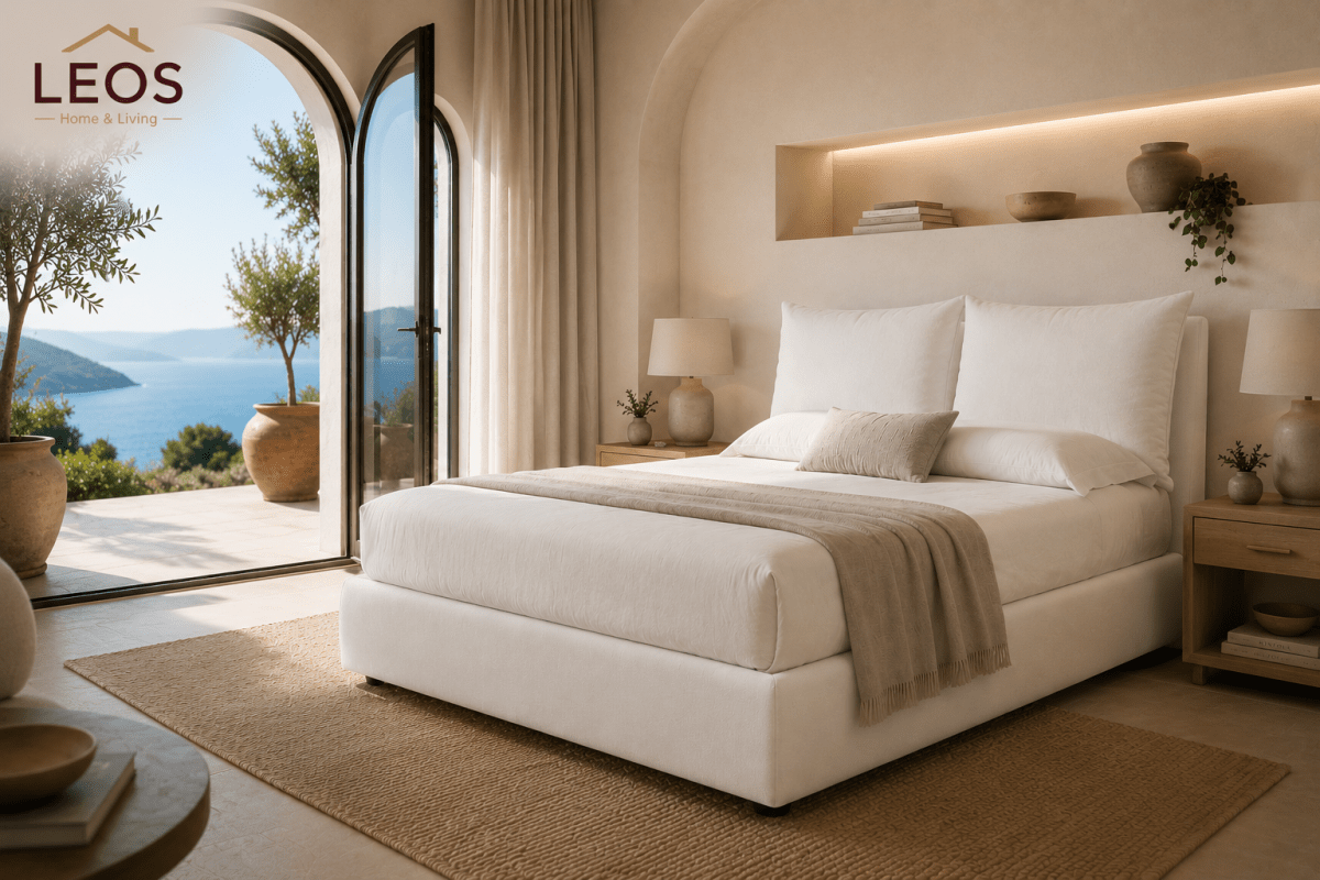 terra bed in white , Mediterranean setting